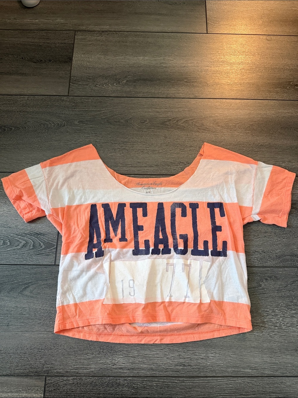 American Eagle Outfitters Coral & White Striped Crop Tee with Navy Logo